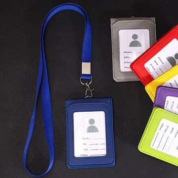 Leather Wallet Work Office ID Card Credit Card Badge Holder + Lanyard + 5 Slots Bank Card Holders ID Badge Holders Accessories