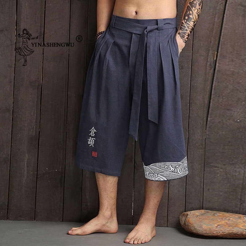 Japanese Kimono Traditional Pants Men Linen Cropped Pants Asian Clothing Bath Pant Japan Style Casual Loose Male Yukata Trousers