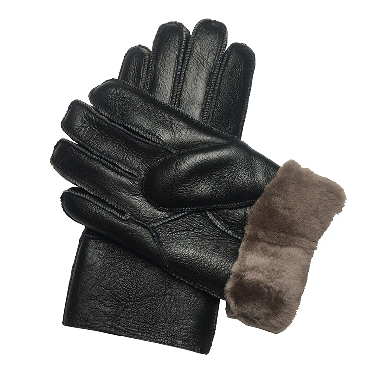 New Men Winter Warm Genuine Sheep Gloves For Thermal Goat Fur Cashmere 100% Real Leather Snow Gloves Manual Mittens Black