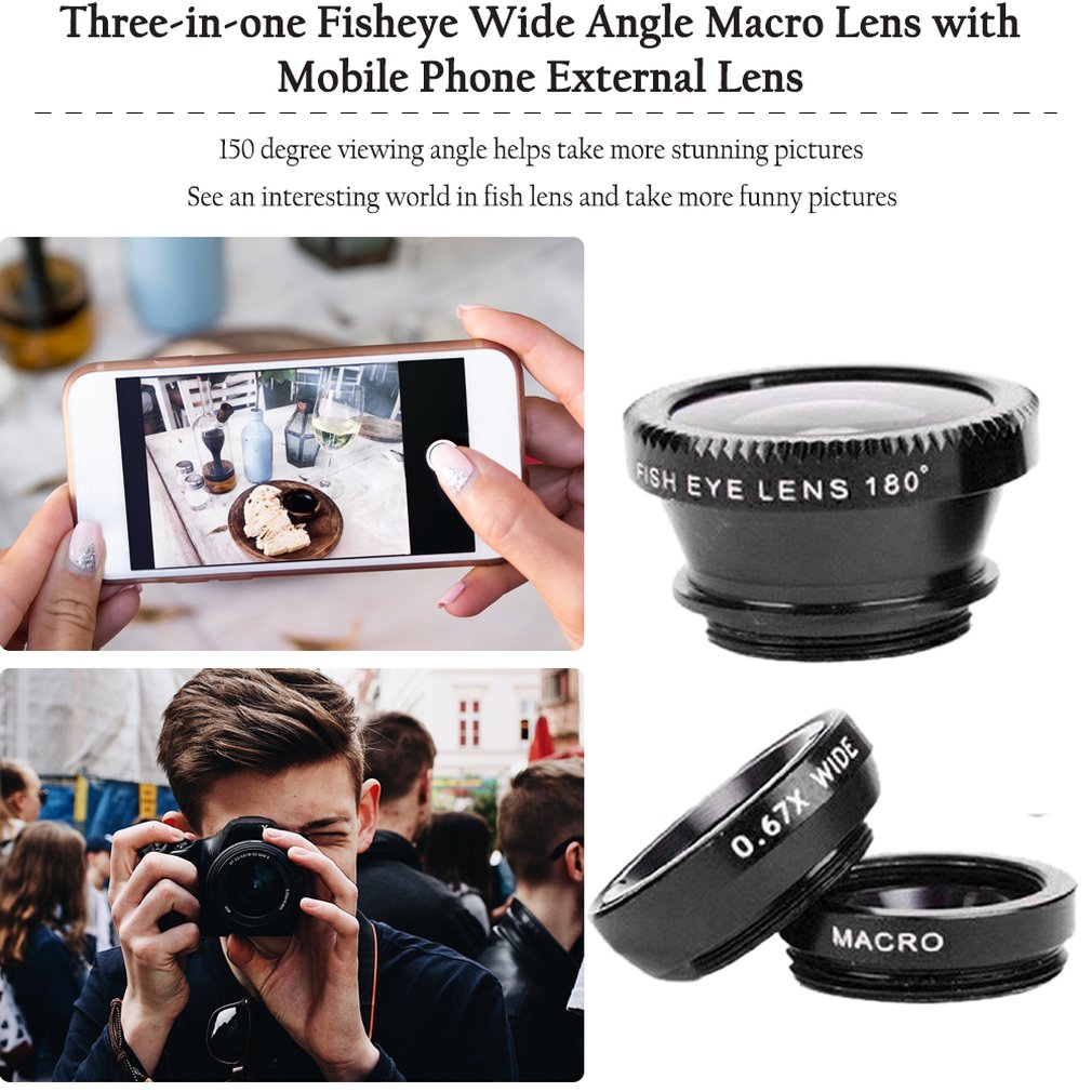 3-in-1 Wide Angle Macro Fisheye Lens Camera Kits Mobile Phone Fish Eye Lenses with Clip 0.65x for iPhone Samsung All Cell Phones