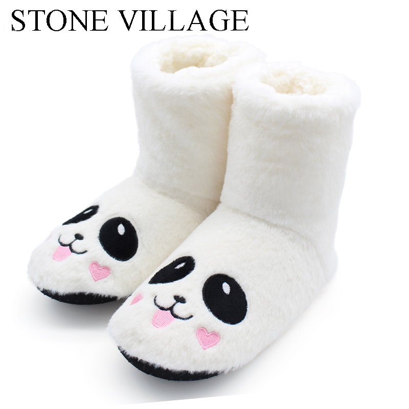 STONE VILLAGE Embroider Animal Print Winter Warm Plush Women Slippers Shoes Indoor Home Slipper Soft Bottom Indoor Slippers
