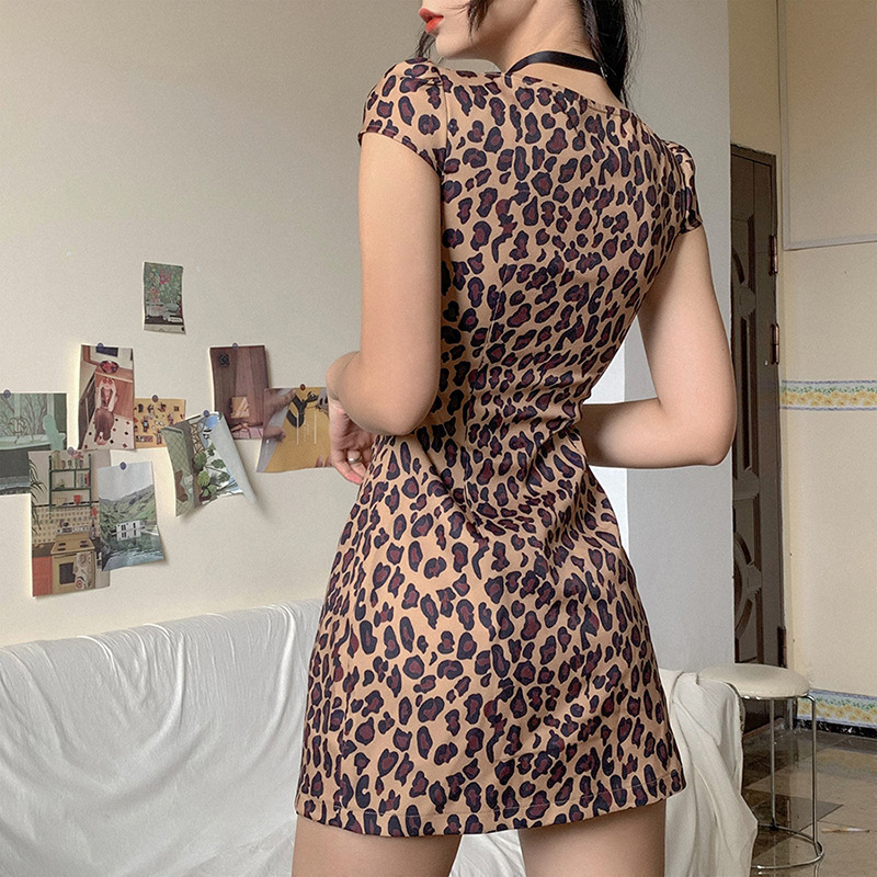 InsGoth Leopard Print Sexy Mini Dress Women Gothic Summer Bodycon V-neck Patchwork Vintage Dress Female Partynight Club Dresses