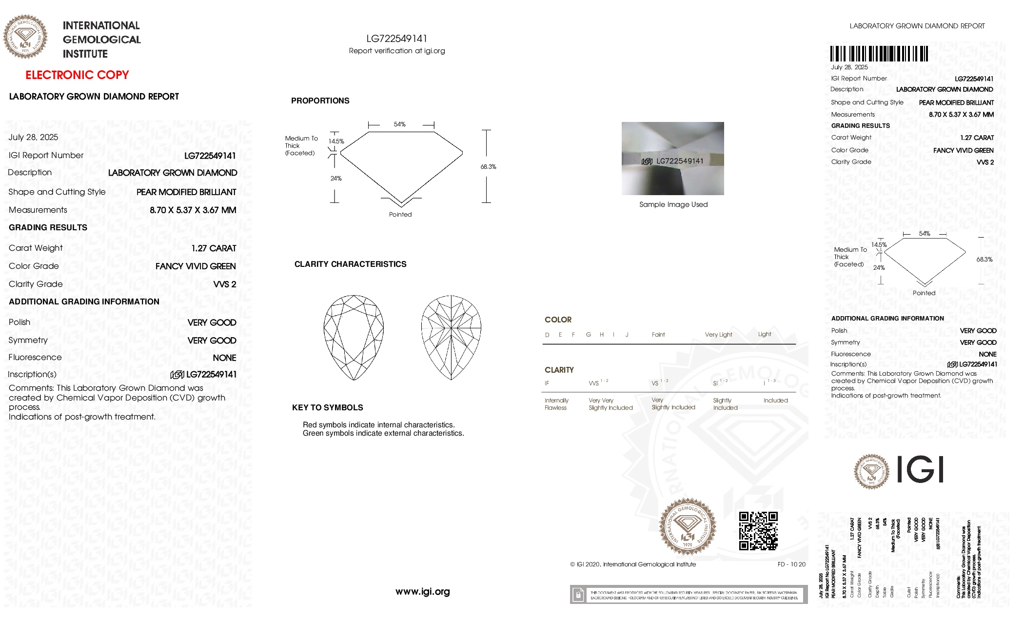 IGI report LG722549141 for a 1.27 carat Fancy Vivid Green VVS2 pear lab grown diamond