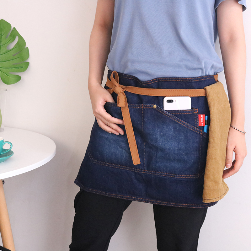 WEEYI Blue Half Aprons Restaurant Waitress Kitchen Chef Apron Denim Short Waist Bar Household Cleaning Apron Bow w/ Pockets