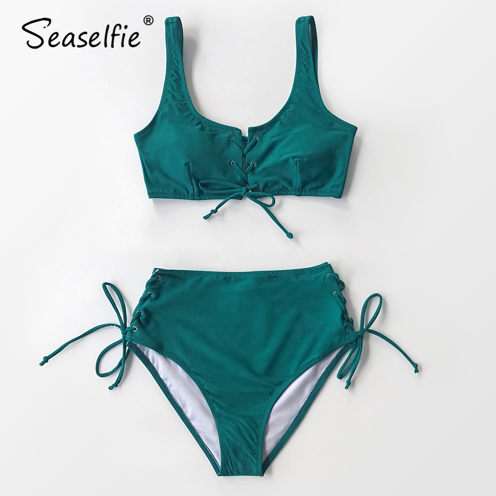 SEASELFIE Sexy Lace Up High-waist Bikini Sets Swimwear Women Swimsuit Bathing Suit 2021 Solid Teal Tank Top Bikinis Beachwear