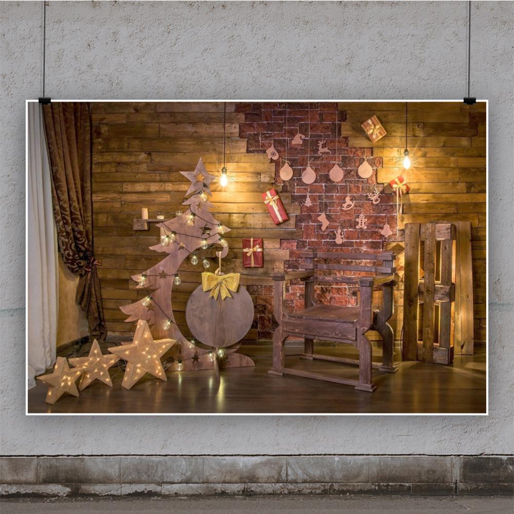 Laeacco Christmas Tree Wood Board Brick Wall Photo Backdrop Star Light Curtain Chair Photography Backgrounds For Photo Studio