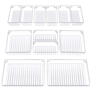 Set Of 12 Desk Drawer Organizer Trays with 3-Size Clear Plastic Storage Boxes Divider Make-Up Organiser for Office