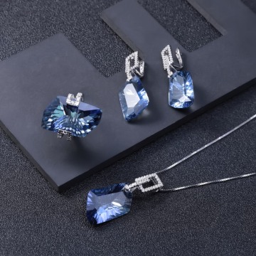 GEM'S BALLET Irregular Natural Iolite Blue Mystic Quartz Geometric Jewelry Sets 925 Sterling Silver Necklace Earrings Ring Set