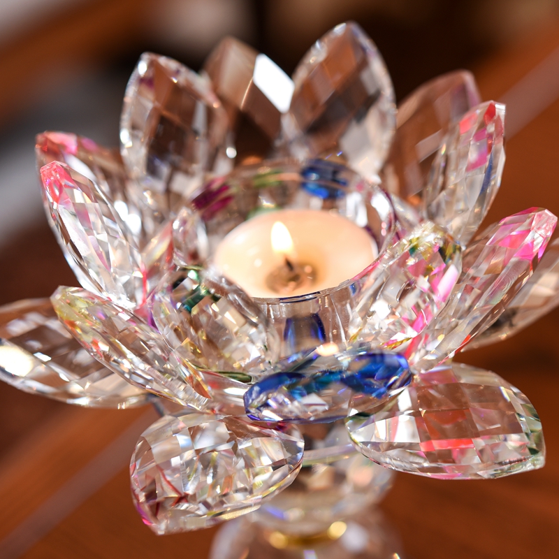 3 Style Crystal Glass Lotus Flower Candle Tea Light Holder Buddhist Candlestick Home Decoration(8 Colors Select)