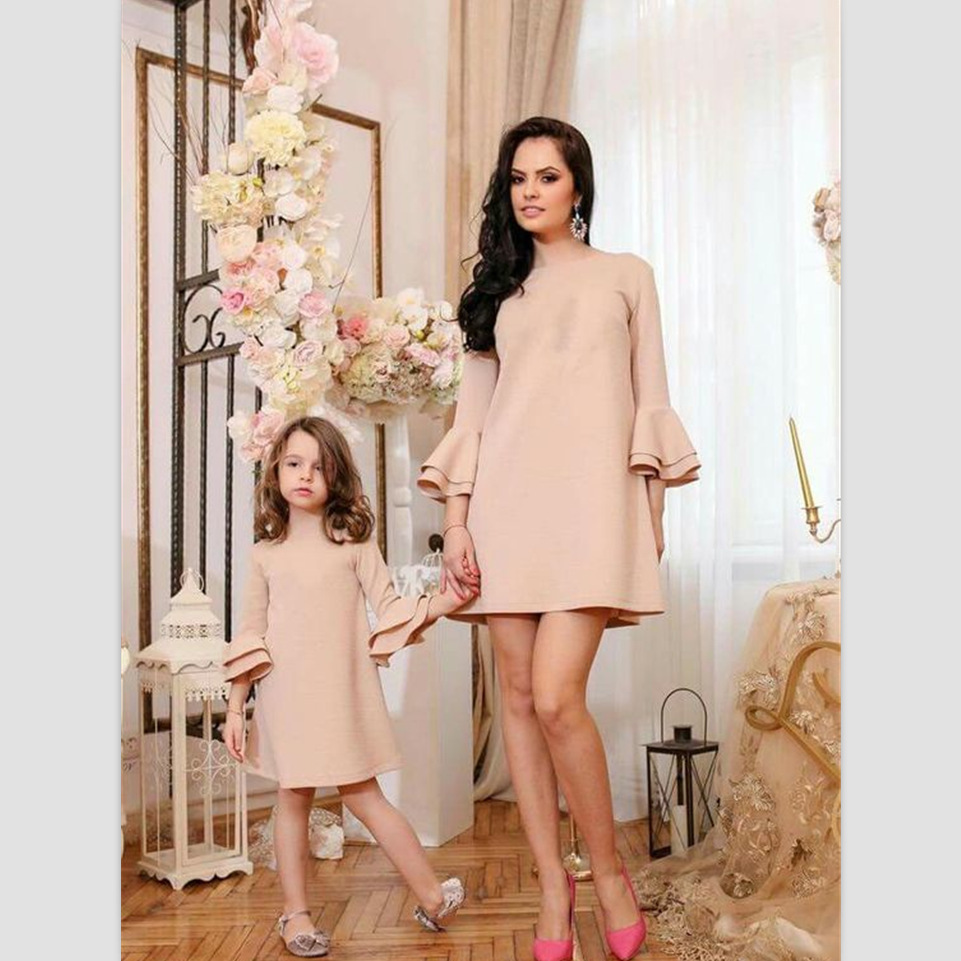 Mother Daughter Dresses Family Matching Outfits Pure Color Family Look Matching Clothes Mom And Daughter Long Sleeve Dress