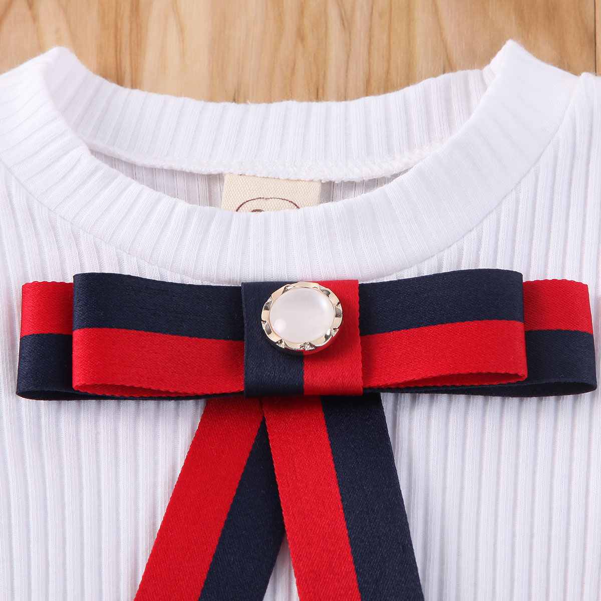 2PCS Toddler Kids Baby Girls Clothes Sets Bowknot Puff Sleeve T-Shirts Tops Denim Strap Dress Clothes