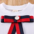 2PCS Toddler Kids Baby Girls Clothes Sets Bowknot Puff Sleeve T-Shirts Tops Denim Strap Dress Clothes