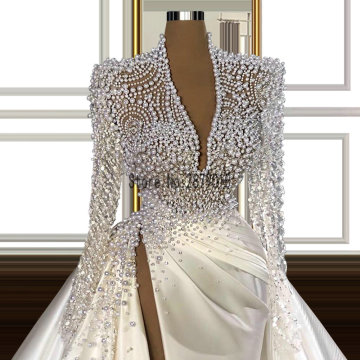 Long Sleeve Pearls Mermaid Wedding Dresses with Removable Train Satin Bridal Gowns Custom Made