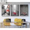 NUOMEGE Nordic Simple Red Bicycle Canvas Painting Tower Poster Landscape Paintings for Living Room Wall Decorative Picture