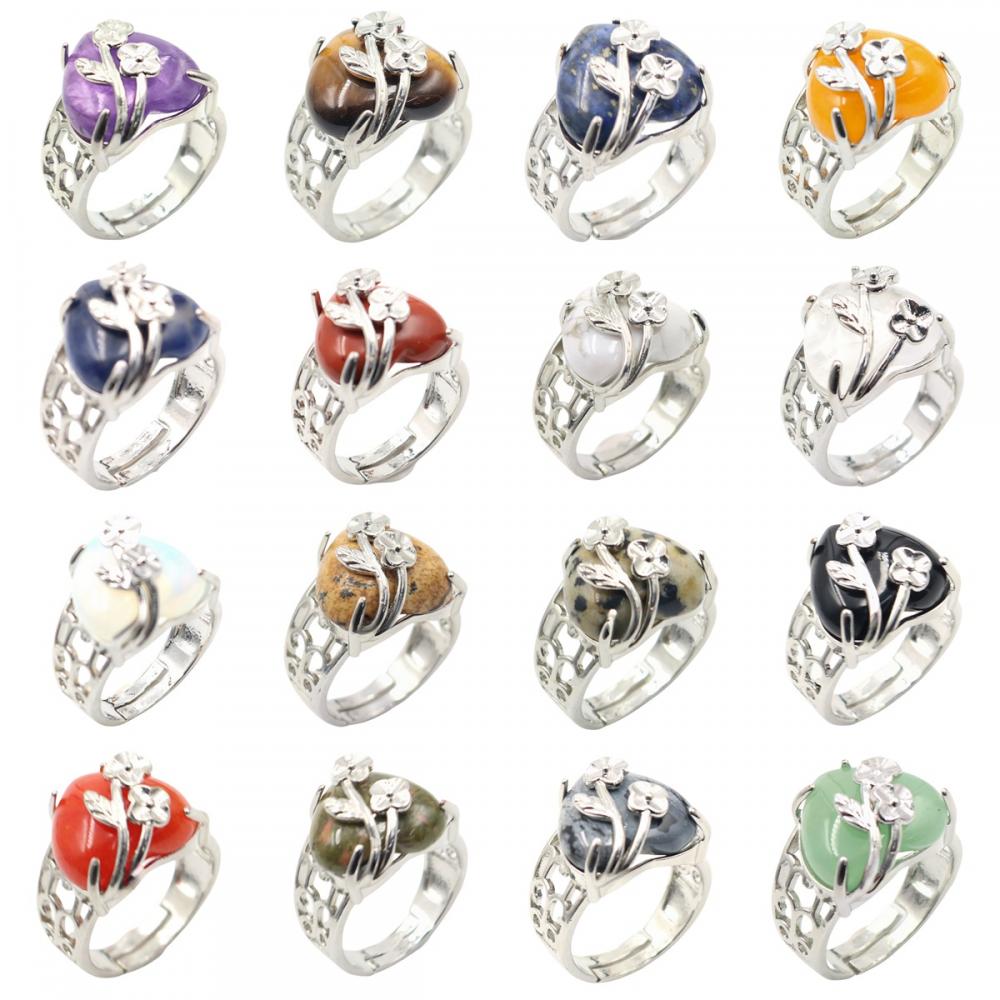 New Arrival Heart Shape Love Hollow Rings Gemstone Heart Ring for Women Girl Natural Stone Crystal Wedding Rings Adjustable Ring