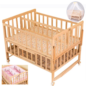 Twins Crib With Mosquito Net, Double Baby Wooden Cot Can Joint Adult Bed