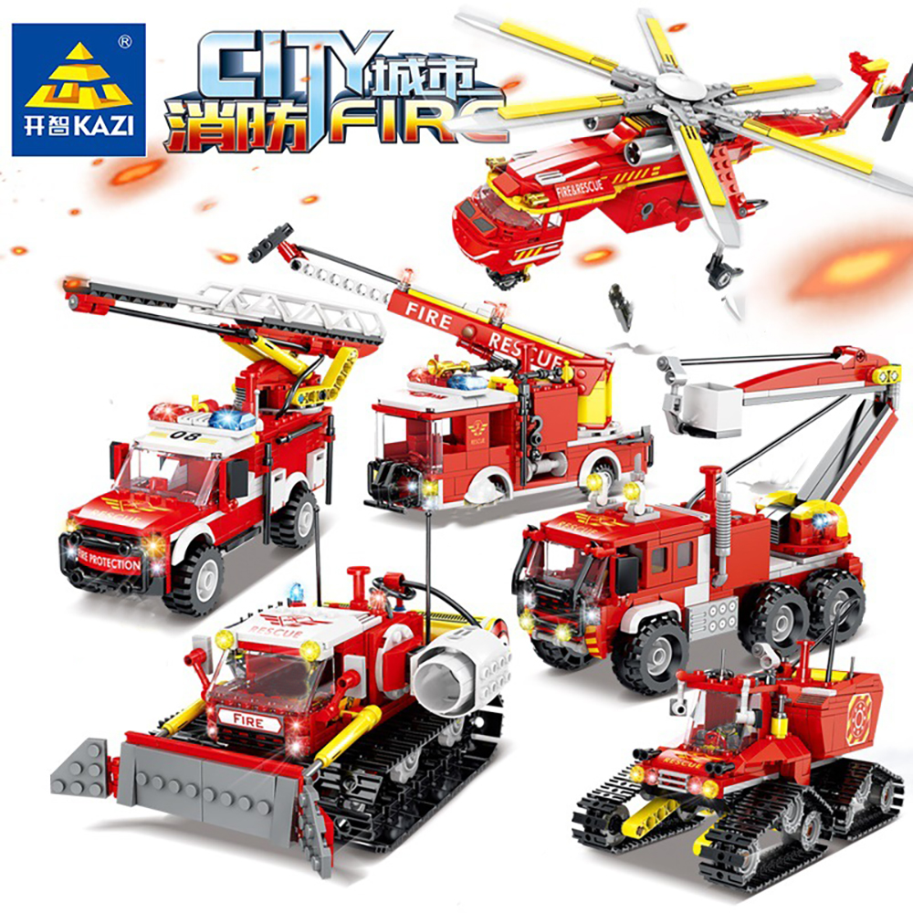 Fire Rescue Truck Helicopter Ladder Engine Sets Model Building Blocks Kits Kids Toys Forest Firemen Crane Station City Car Mech