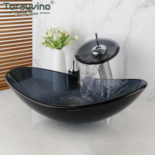 Torayvino Bathroom Glass Tempered Oval Vanity Basin Sink Set Waterfall Spout Deck Mounted Faucet Mixer Tap With Pop-up Drain Kit