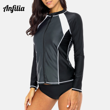 Anfilia Women' Long Sleeve Zipper Rashguard Sports Shirt Swimsuit Patchwork Swimwear Surfing Top Hiking Shirt Rash Guard UPF50+