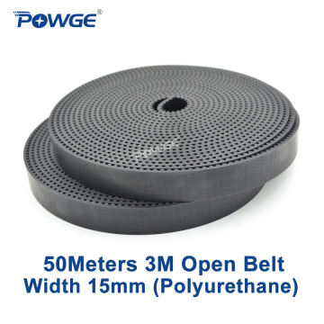 POWGE 50Meters HTD 3M open timing belt 3M-15mm Width 15mm Polyurethane steel PU Black HTD3M Synchronous Belt Laser CNC Engraving