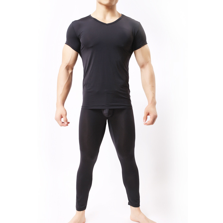 Men's Undershirt Pant Set Ultra-thin Cool Spandex Thermal Sleep Underwear Shirt & Pant Set