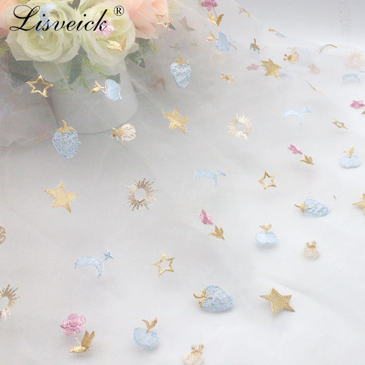 1meter135cm Summer new mesh fruit star embroidery fashion tulle lace fabric diy women's skirt children's dress fabric