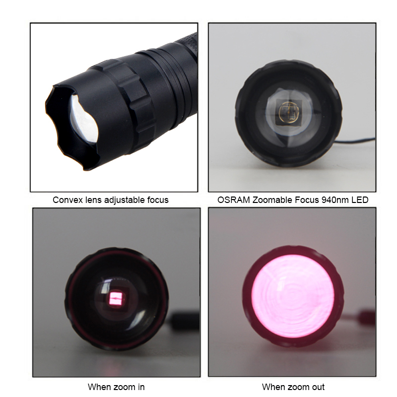 7W IR 940 nm Zoomable LED Hunting Light Night Vision Infrared Radiation flashlight+Scope Mount+18650 Battery+Pressure Switch+usb