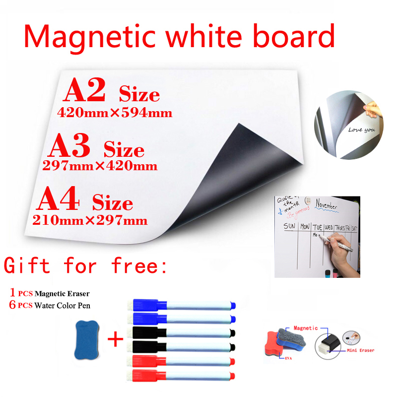 Soft Magnetic WhiteBoard Fridge Magnets Dry-erase Calendar Kids School Board Memo White Board Gift 6 Color Pen and 1 Erasser