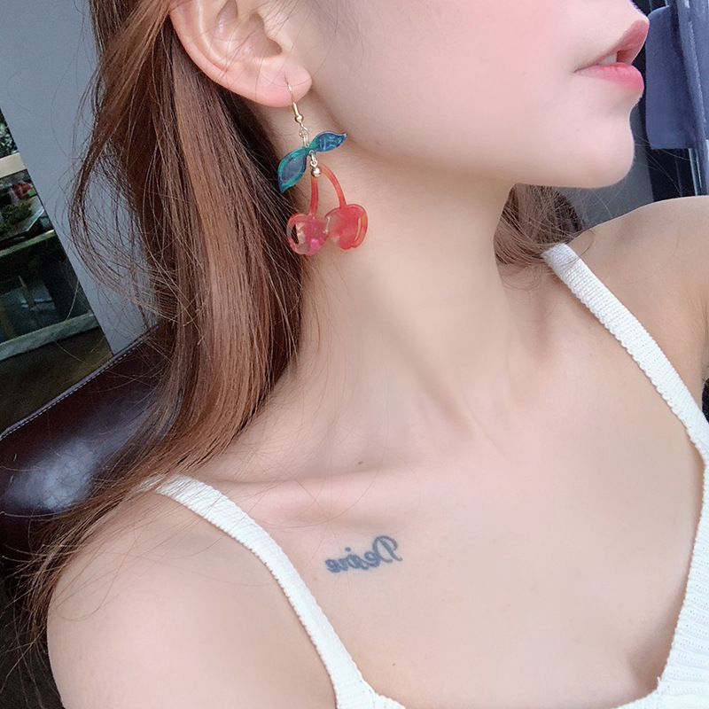 Red Cherry Hook Earrings Women Drop Sweet Fruit Fresh Cherry Female Fashion Youth Beautiful Girls Cute Acrylic Hot Sell Design