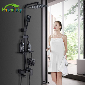 Matte Blacked Shower Faucets Ultra thin Rain Shower Head and hand shower with shelf hot cold Mixer bathroom wash faucets