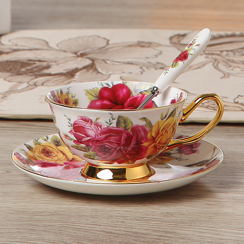 Pastoral Rose Bone China Tea Cup Saucer Spoon Set 200ml Europe Advanced Porcelain Coffee Cup Cafe Ceramic Floral Teacup Dropship