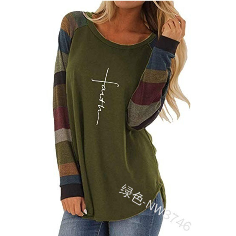 5XL Large Size Women Print Faith Patchwork Shirt Tops Cut Sew Colorblock Long Sleeve Loose Undershirt Female Tees T-Shirt 2020