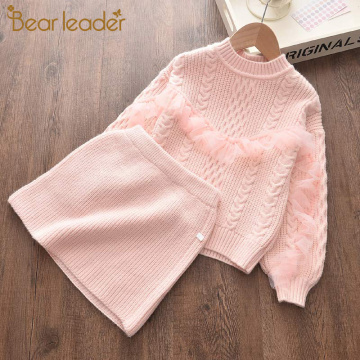 Bear Leader Children Winter Suit Lace Sweater Girl Clothes Sweater Skirts 2Pcs Baby Autumn Clothes Sets Girls Boutique Outfits