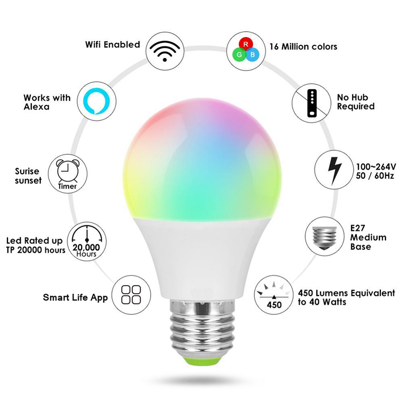 RGBCW WiFi Smart Light Alexa Echo Voice Control LED Bulb Smart Home Light Timing Bulb For Amazon Alexa/Google Assistant/IFTTT