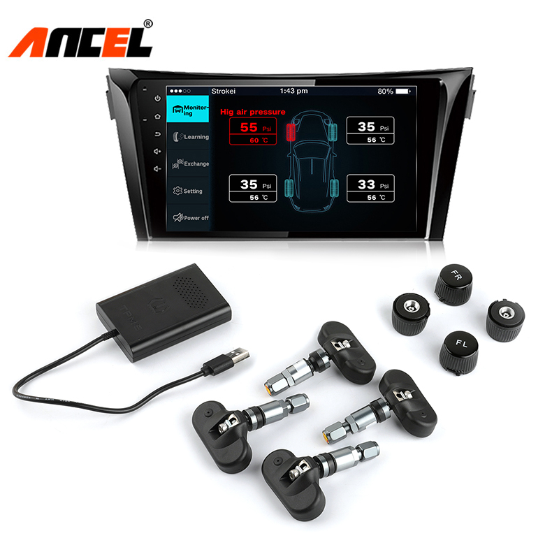 Ancel TPMS Tire Pressure Sensor Tire Pressure Monitoring System HUD Digital Display Monitor Android DVD TPMS Tire Pressure Gauge