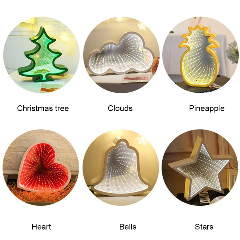 Xsky Novelty Lighting 3D Tunnel Lights Effect LED Mirror Light Christmas Tree Cloud Pineapple Table Lamp Home Holiday Decorative