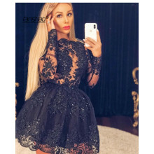 Illusion Black Cocktail Dresses A-line O-neck Long Sleeves Appliques Lace Party Plus Size Homecoming Dress Custom Made