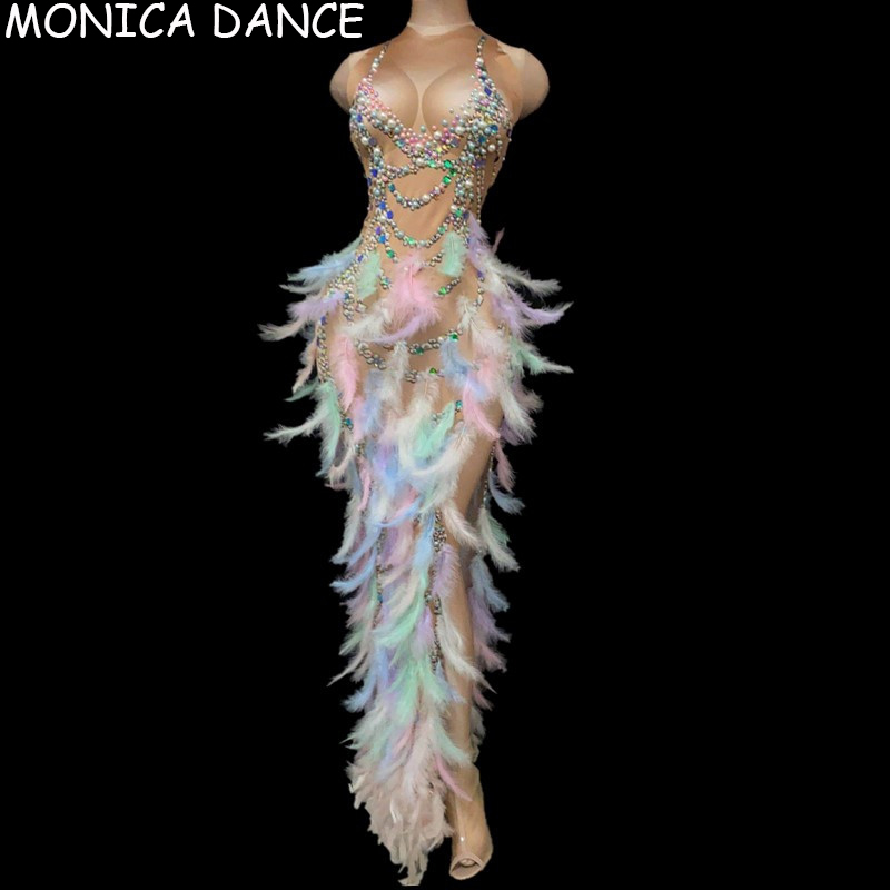 Sexy Stage Multi-color Rhinestone Pearl Sequin Feather Slit Feather Dress Prom Birthday Celebrate Dress Women Dancer Show Dress