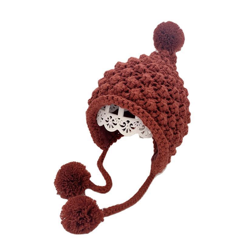 New Style Autumn Winter Children's wool Knitted Hat Hand-Woven Big Hair Ball Ear Protection Baby Hat Cute Babies Woolen Cap