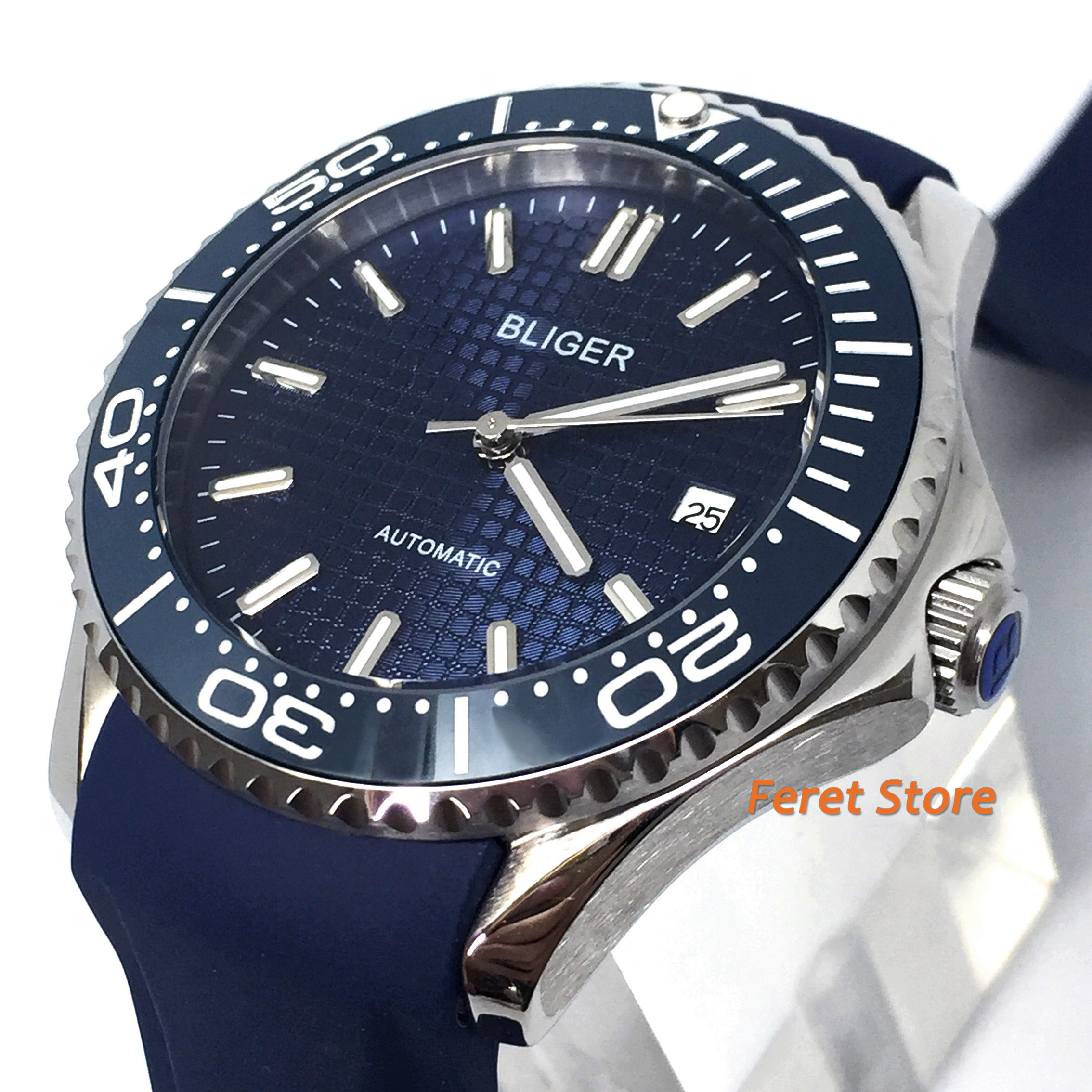 Bliger new 41mm Rubber tape luxury mens watch blue dial sapphire crystal blue Ceramic Spin Bezel Automatic mechanical watches
