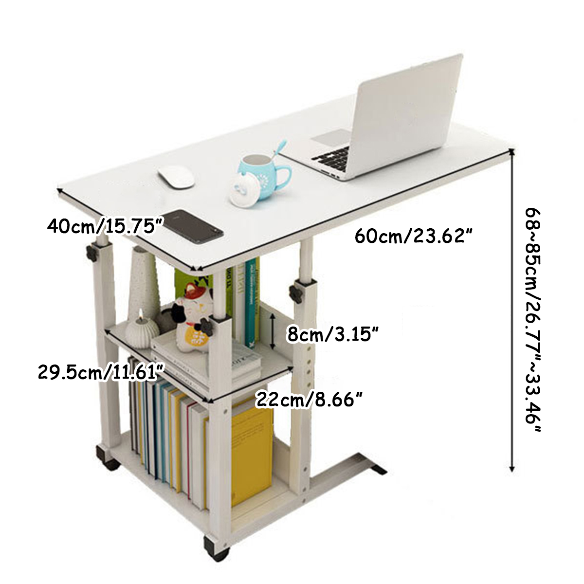 3 Tiers Adjustable Height Laptop Desk Wooden Bedside Computers Desk Removable Sofa Side Study Stand Portable Bed Table 60x40cm