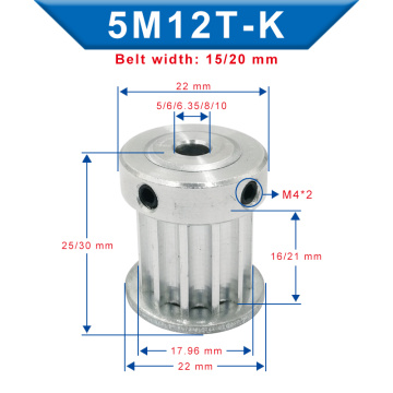 Timing Pulley 5M-12T Inner Bore 5/6/6.35/8/10 mm Aluminum Belt Pulley Slot Width 16/21 mm For Width 15/20 mm 5M-synchronous belt