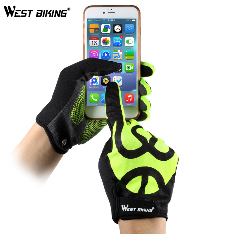 WEST BIKING Full Finger Touch Screen Cycling Gloves Unisex Sport Gel Bicycle Gloves Anti Slip Pad Bike Cycle Breathable Gloves