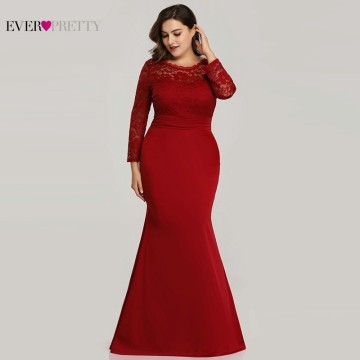 Plus Size Burgundy Mermaid Dresses Ever Pretty O-Neck Lace Long Sleeve Muslim Formal Dresses EZ07668 Elegant Red Party Gowns