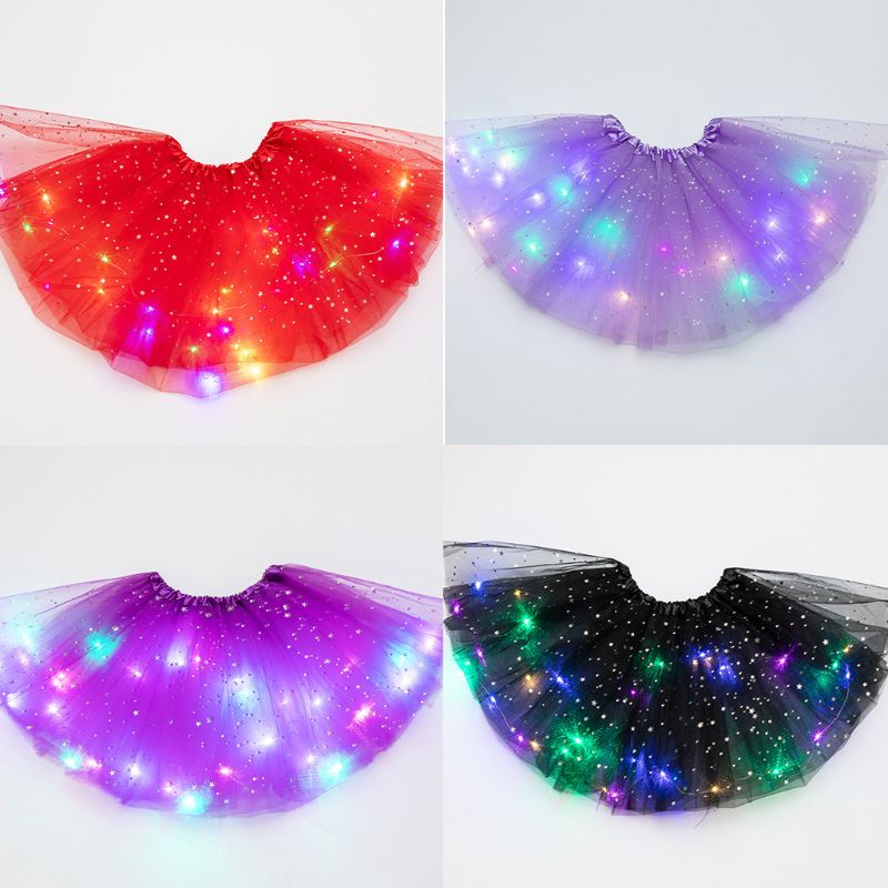 Women Girls Kids Neon LED Tutu Skirt Party Stage Dance Wear Pleated Layered Tulle Light Up Short Dress Wings for 3-12 years old