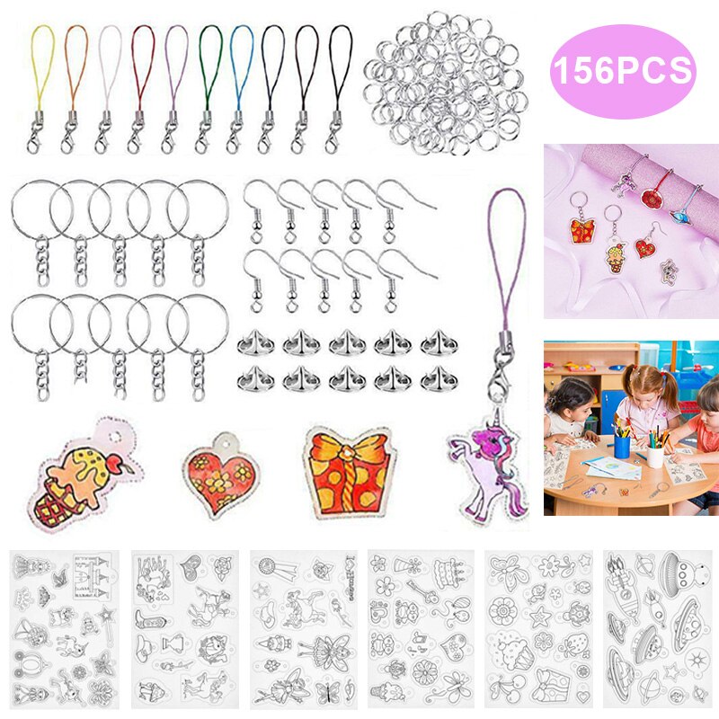 156pcs Heat Shrink Plastic Sheet Kit Shrinky Paper Hole Punch Keychains Keyring DIY Arts Craft Accessories
