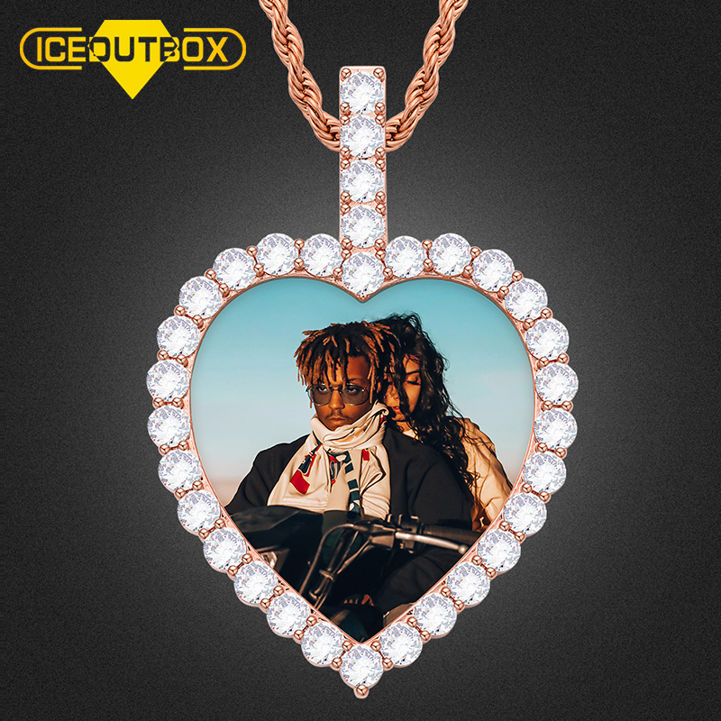 Simple Heart Custom Picture Pendant Necklace Fashion Men's Hip Hop Jewelry Exaggeration Rap Style Cubic Zirconia Chain For Gifts