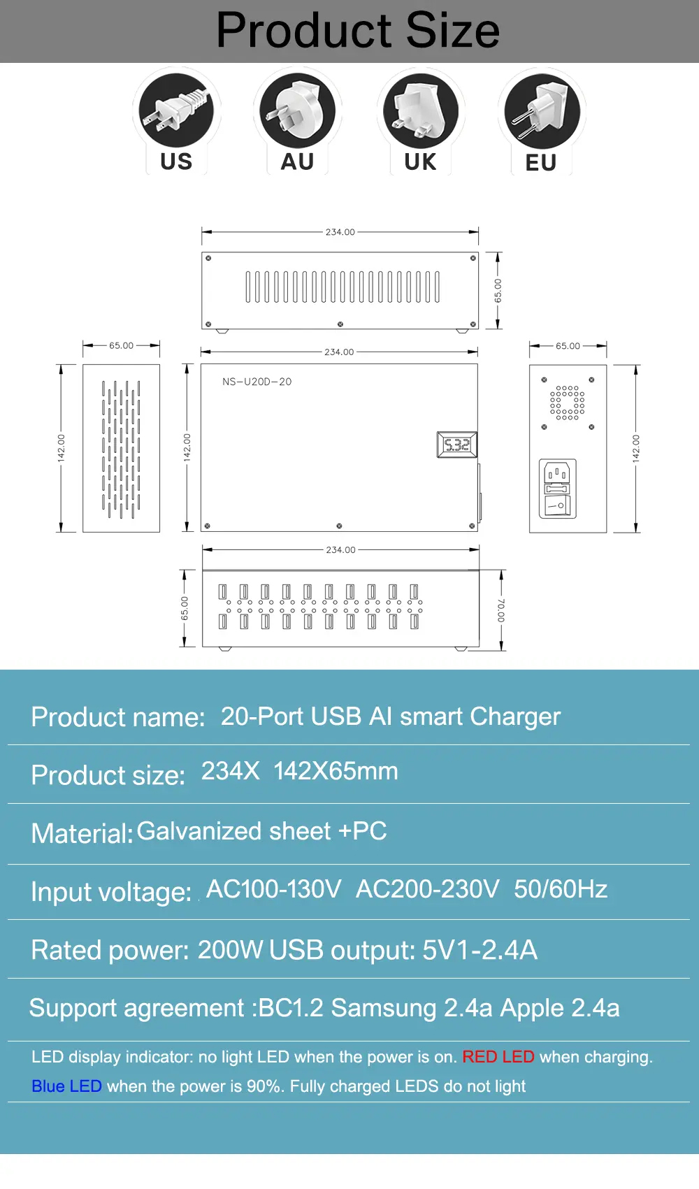 20-port usb charger product size