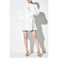 [EAM] Women White Pleated Stitch Big Size Shirt Dress New Stand Collar Long Sleeve Loose Fit Fashion Spring Autumn 2021 JO3700