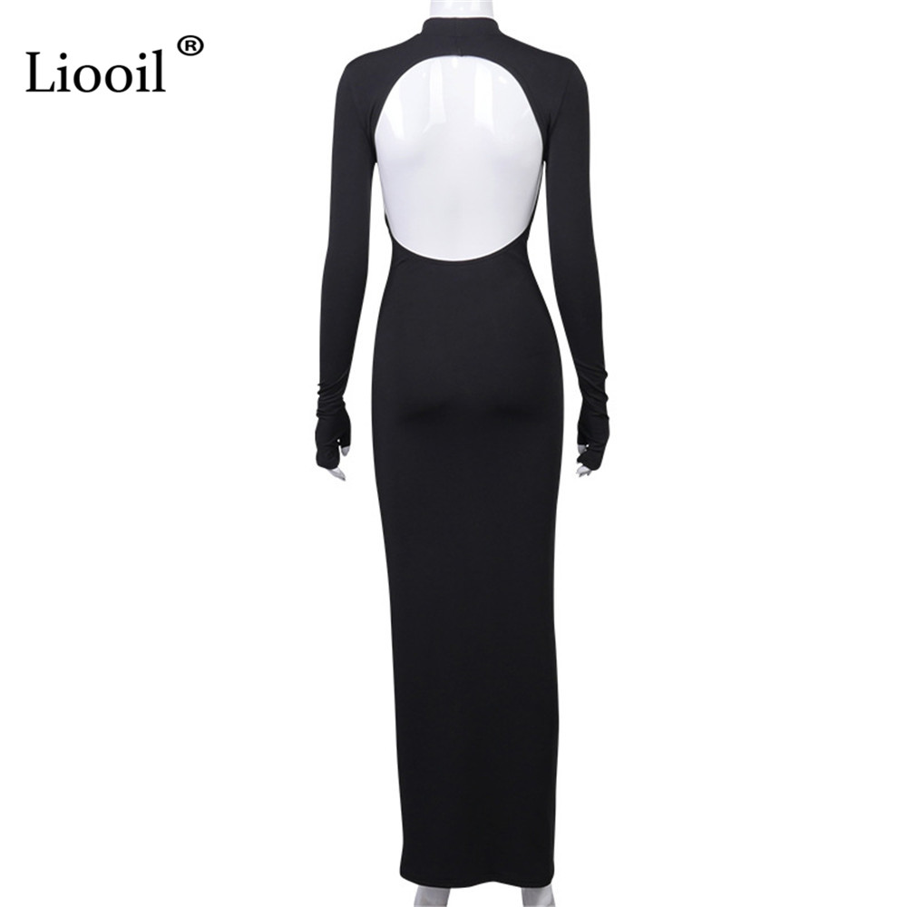 Liooil Black Knit Ribbed Backless Bodycon Long Maxi Dress Women Clothes Long Sleeve O Neck Night Club Party Sexy Tight Dresses